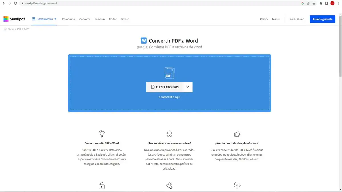 De PDF a Word usando SmallPDF