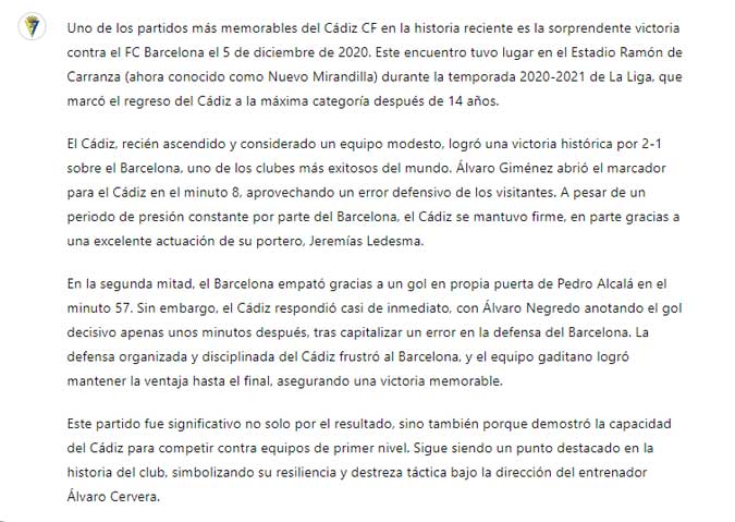 Contreras usa el nombre y el escudo del Cádiz CF en un experimento con inteligencia artificial