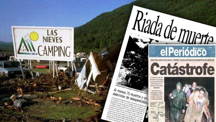 Imagen del Camping de Biescas y recortes de prensa.